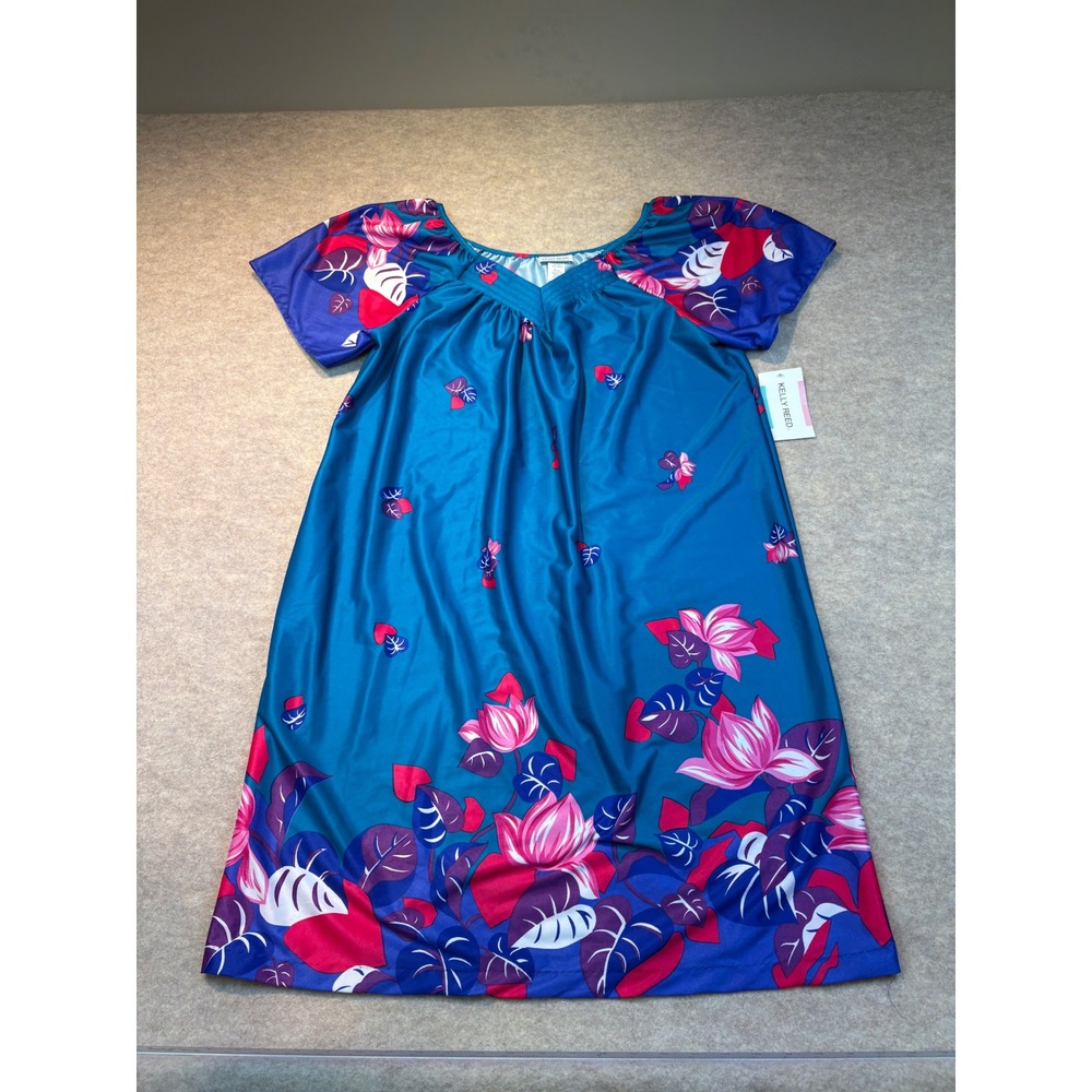 Vintage Kelly Reed Nightgown Small NWT Teal Pink Floral Tropical Sleep Dress USA